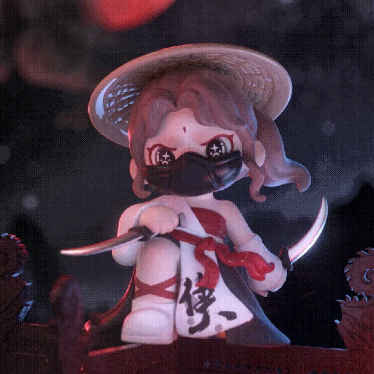 Animated character with a sword and hat against a dark background