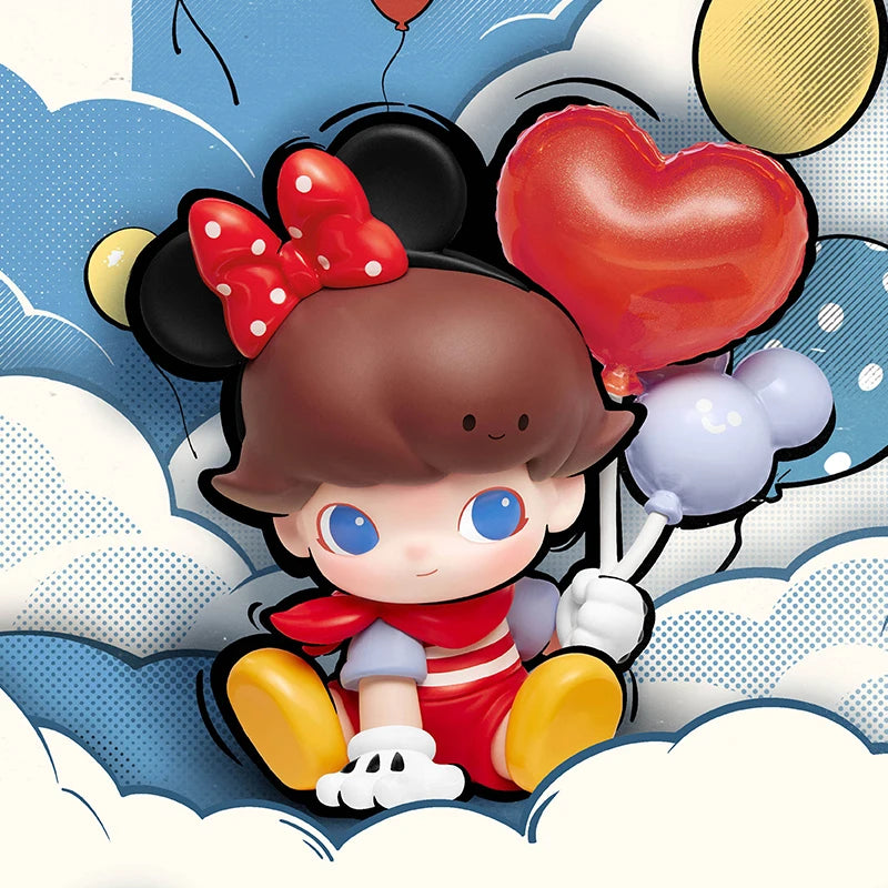 Cartoon character with red bow and balloons against a blue sky with clouds