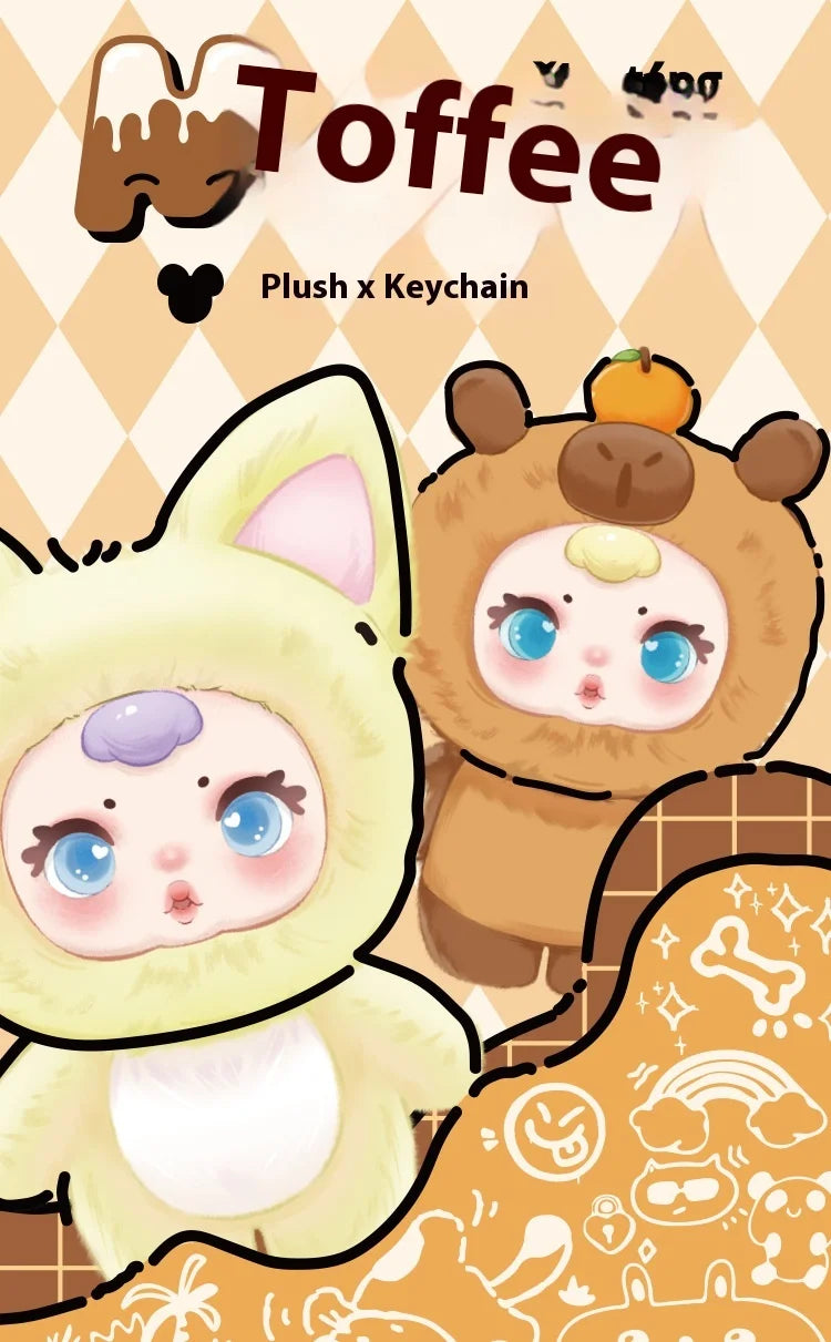 Packaging for plush and keychain featuring cartoon characters in costumes on a patterned background.