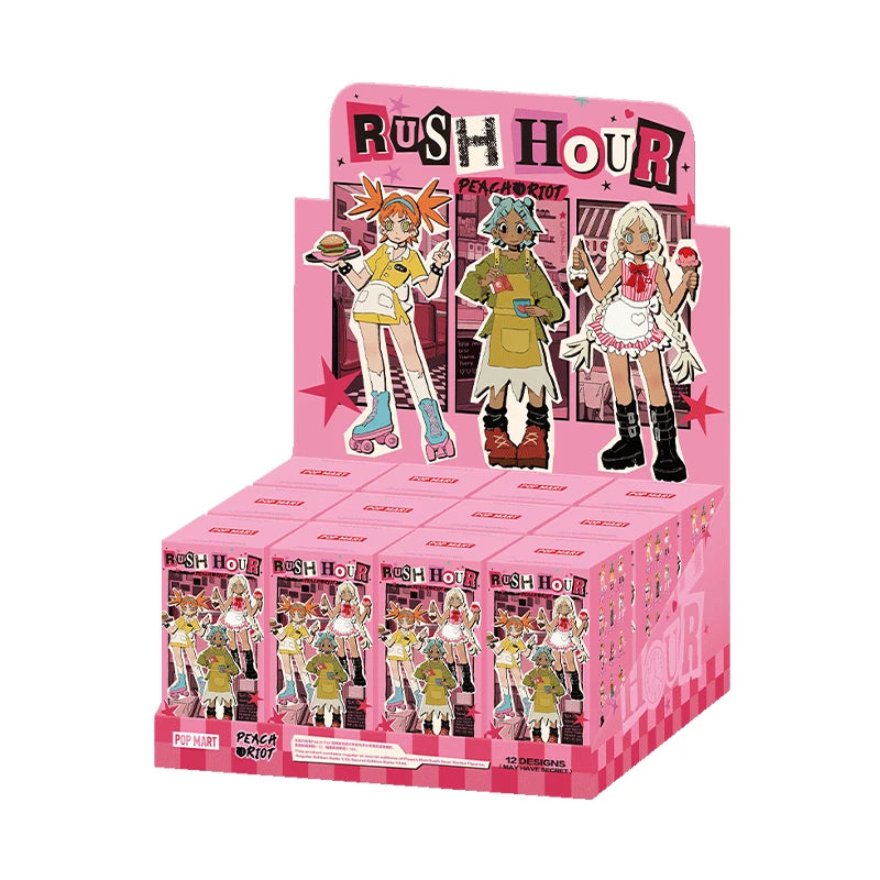 Display box of 'Rush Hour Fashion' dolls with pink packaging and character illustrations.