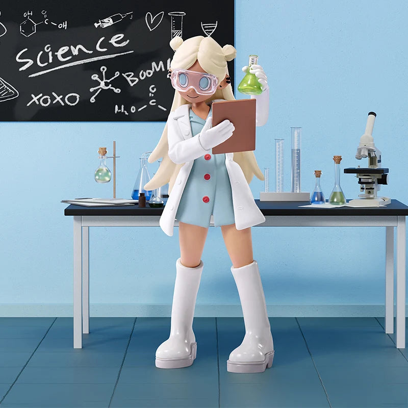 Toy figure of a scientist in a lab setting with a blackboard and lab equipment.