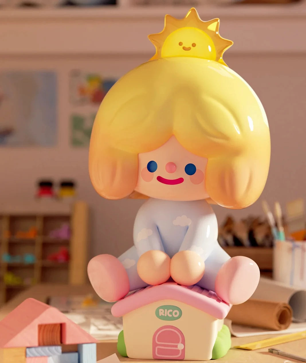 Toy figure of a character with blonde hair and a house-shaped base in a room setting.