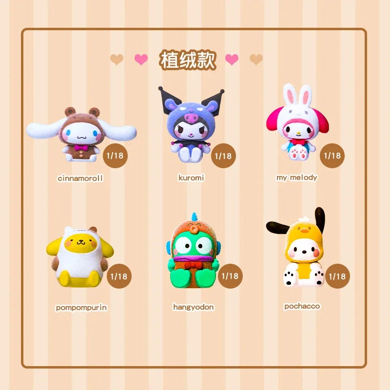 Set of five cartoon character plush toys on a beige background with heart symbols.