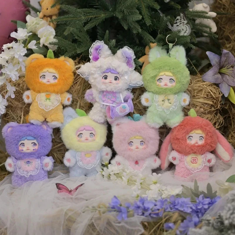 Set of colorful plush toys with animal-themed costumes on a decorative background with flowers and greenery.