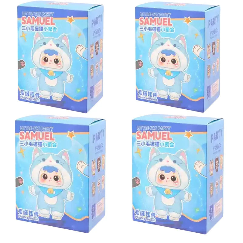 Four identical boxes of a toy named 'Samuel' on a white background