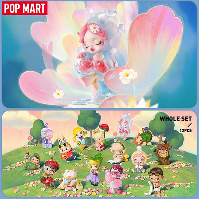 Pop Mart toy set with a fairy-like figure and multiple characters on a grassy field with flowers.