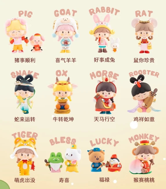 Illustrations of十二生肖角色,每个角色旁边有对应的汉字和短语。