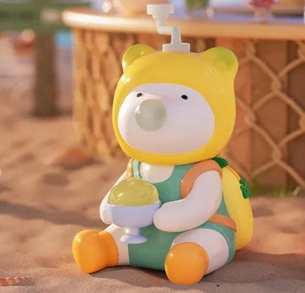 Colorful cartoon character toy with a pacifier on a blurred outdoor background