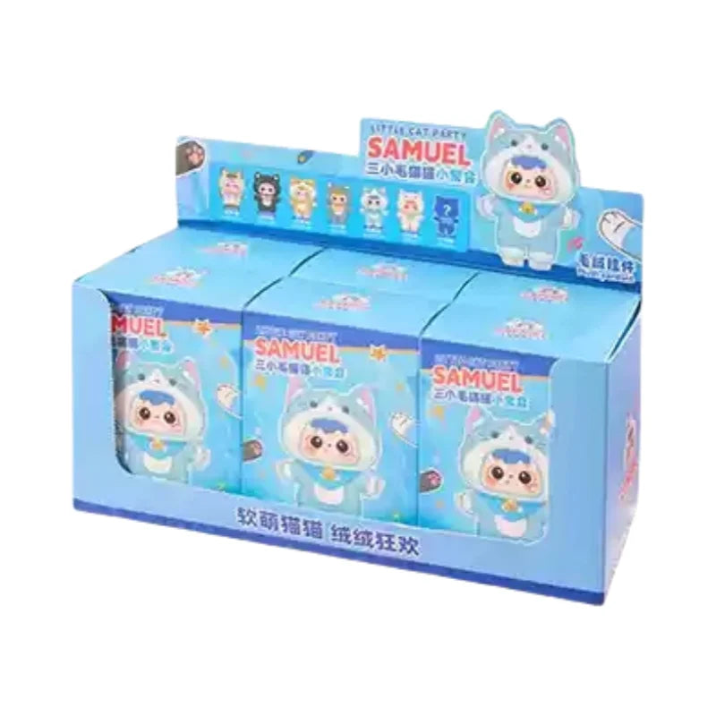 Display box of 'Samuel' cat-themed products with cartoon cat design on a white background
