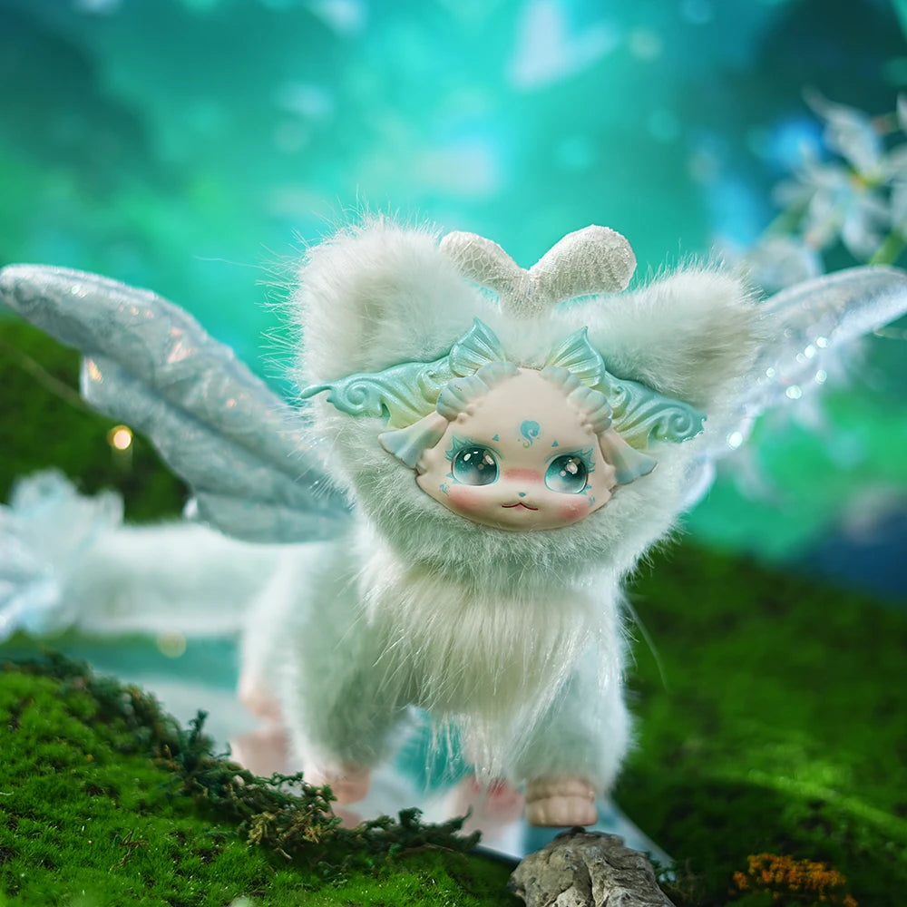 Fantasy creature with white fur, large wings, and a blue gem in a mystical forest setting.