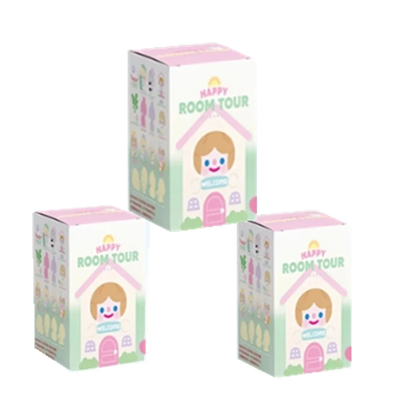 Three 'Happy Room Tour' boxes with a cartoon face design on a white background