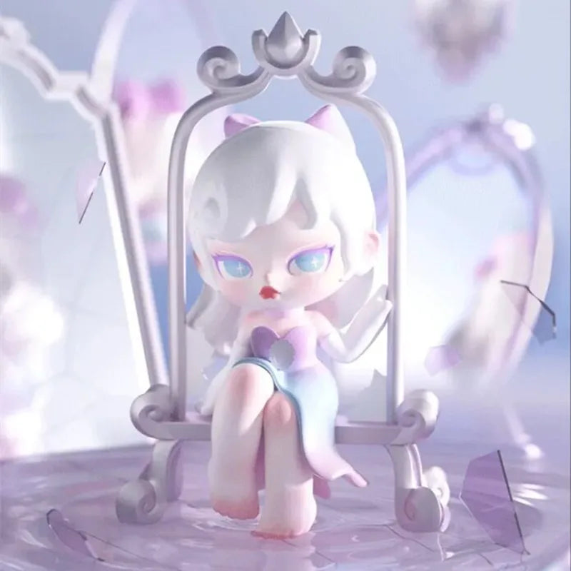 Animated character with white hair and cat ears sitting on a throne-like chair with a soft, blurred background.