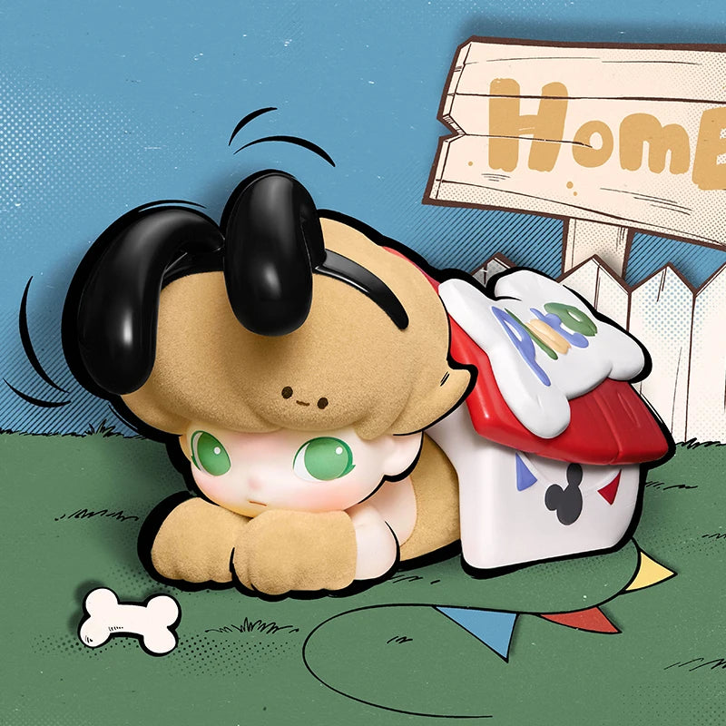 Cartoon character with a dog-like appearance sitting next to a signpost with 'Home' written on it.