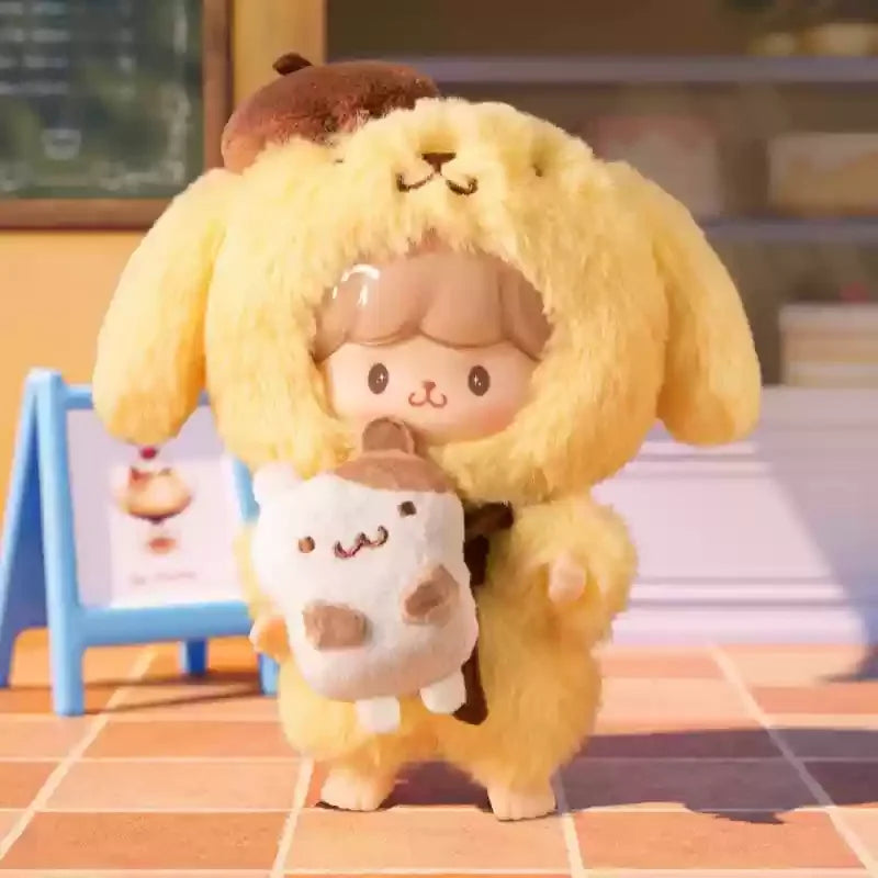 Plush toy with a small plush figure inside, set against a blurred indoor background.