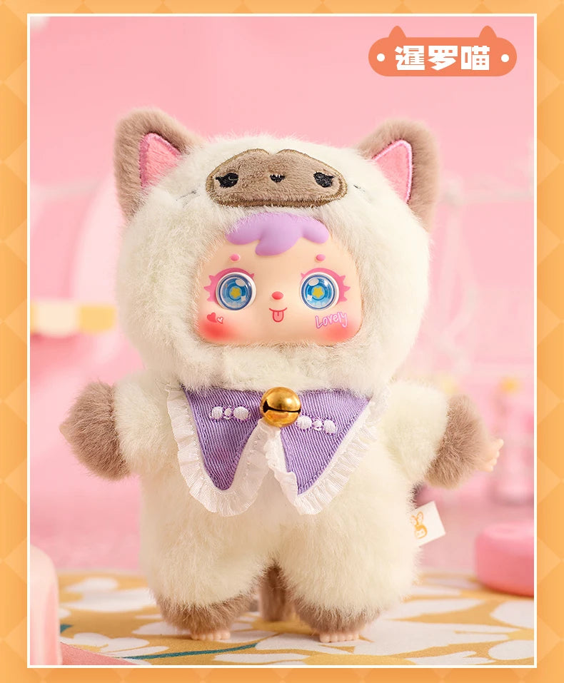Plush toy with cartoon face and purple bow tie on a pink background