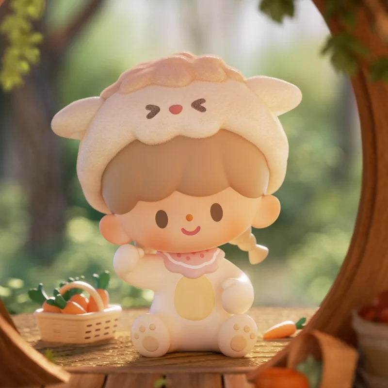 Cute cartoon character with a sheep costume sitting outdoors with carrots and a basket.
