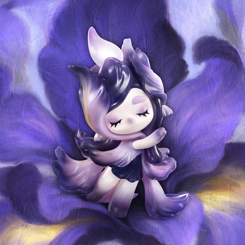 Animated character with purple and white colors on a floral background