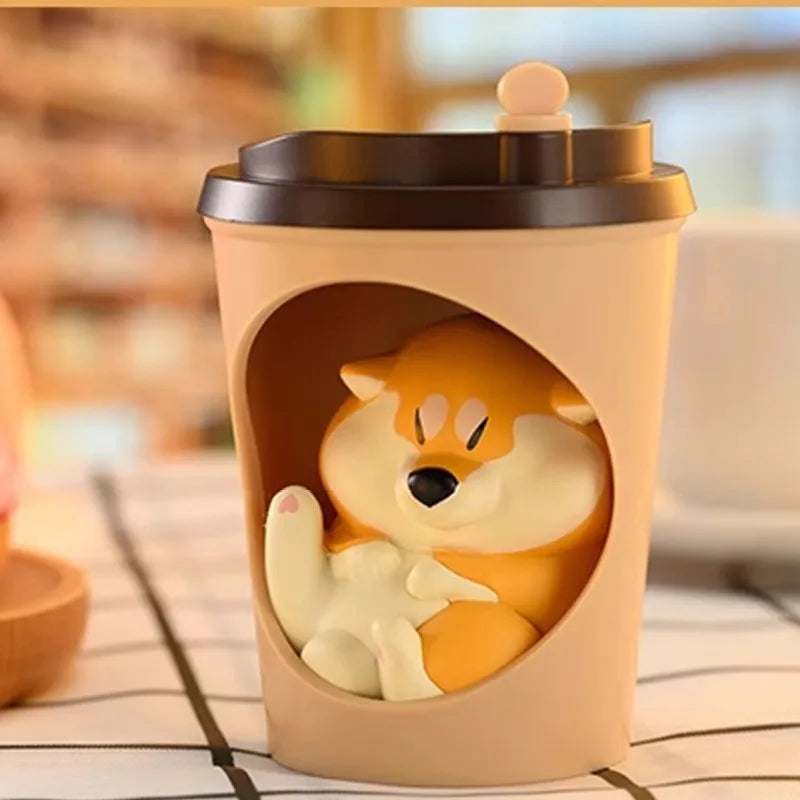 Cup with a cartoon dog design on a wooden surface