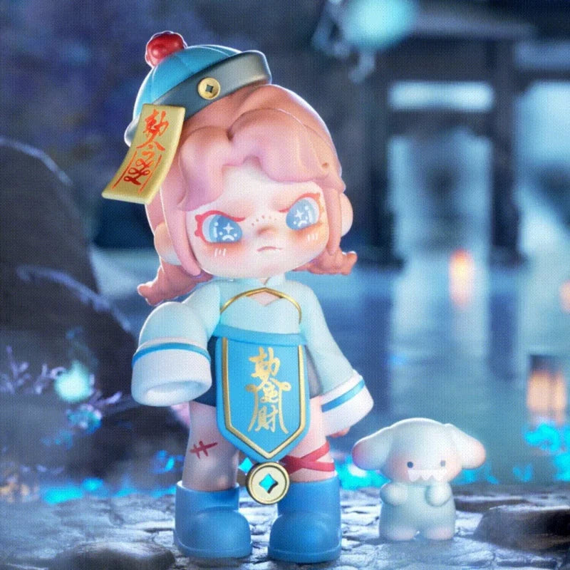 Animated character with a blue outfit and hat, standing next to a small white creature in a mystical setting.