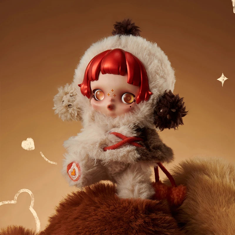 Stuffed animal toy with red hair and a white outfit on a warm brown background