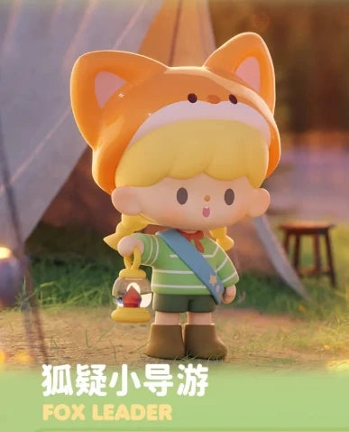 Cartoon character with fox ears standing in a camping scene, holding a lantern.
