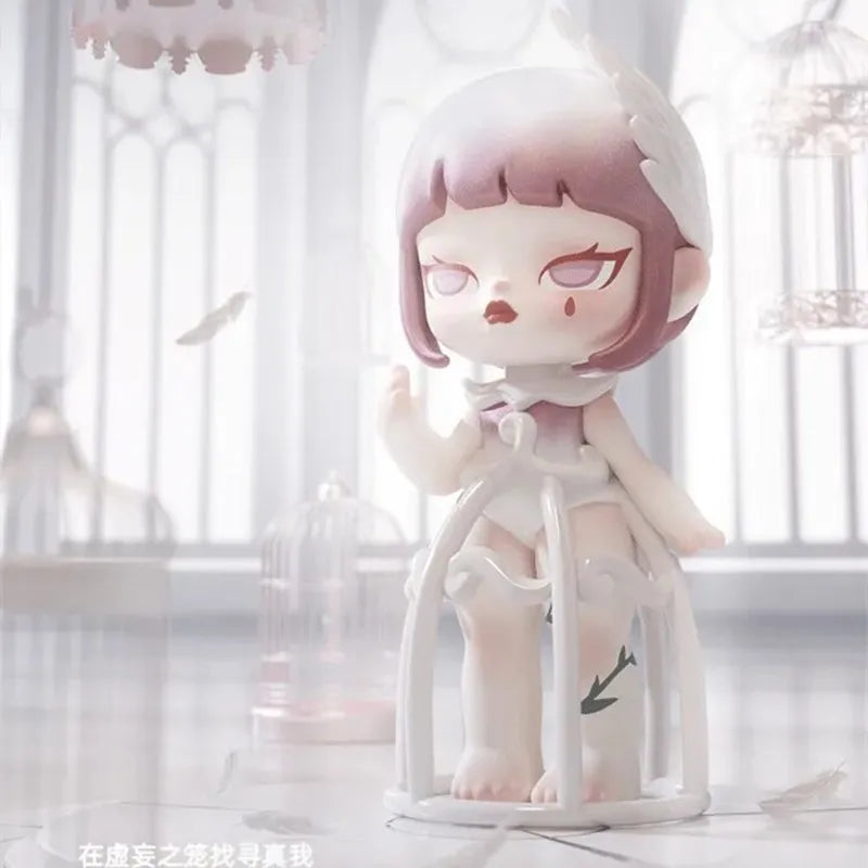 Animated character figurine with pink hair and white outfit in a delicate setting