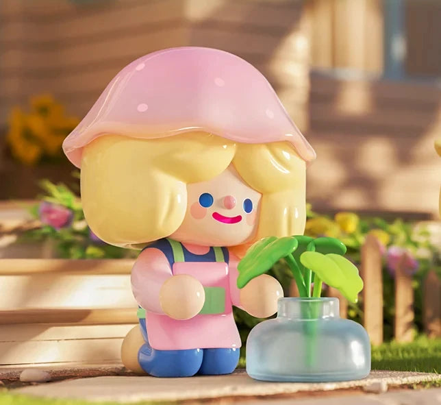 Toy figure with a pink mushroom hat holding a small plant in a garden setting