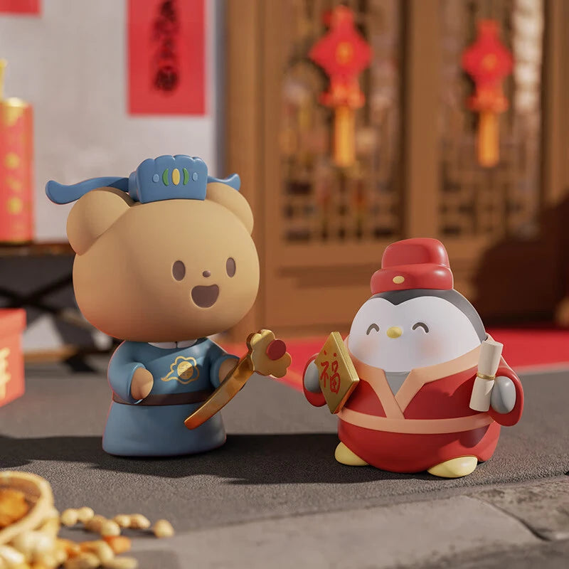 Two cartoon figurines, one bear and one penguin, holding traditional Chinese New Year items on a festive background.