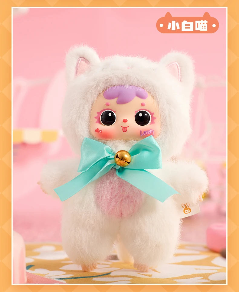 Plush toy with a white fluffy outfit and colorful bow on a pink background