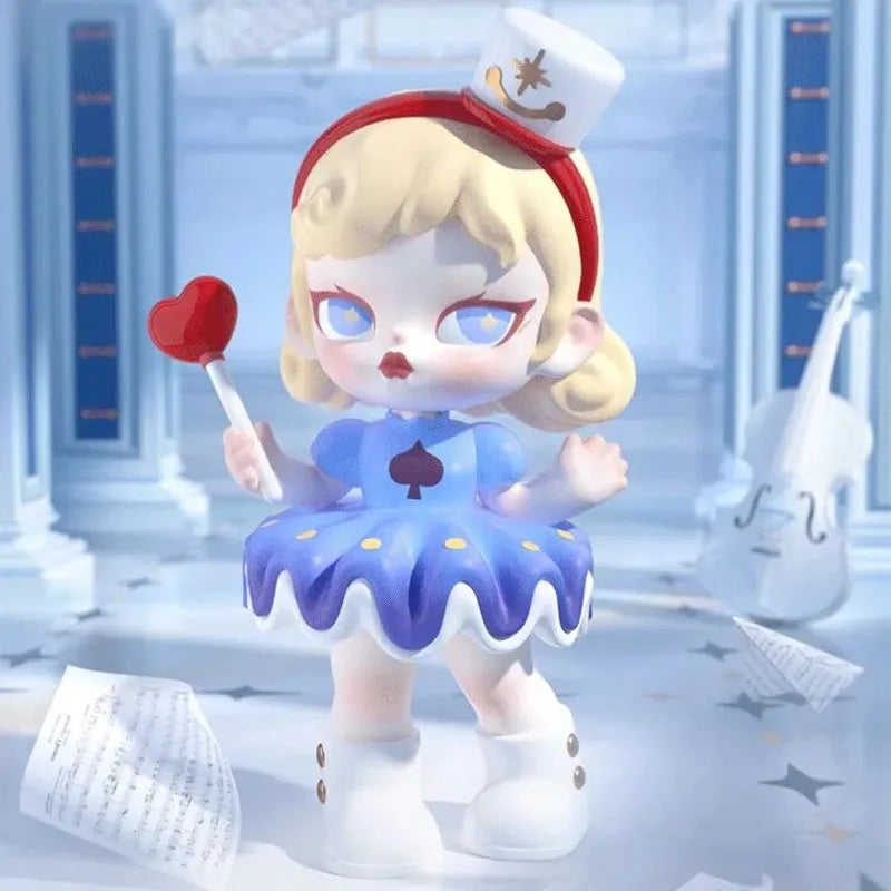 Animated character in a blue dress with a red heart lollipop in a stylized room.