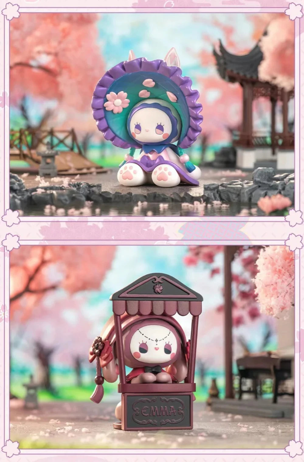 Two cute figurines with cherry blossom background