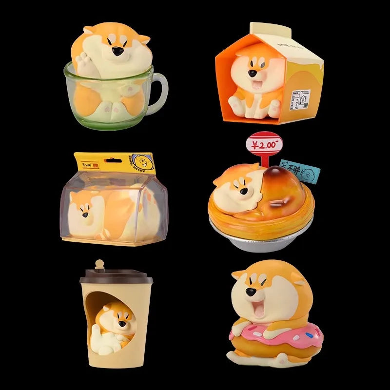Collection of Shiba Inu-themed products including a mug, packaging, and various items on a black background.