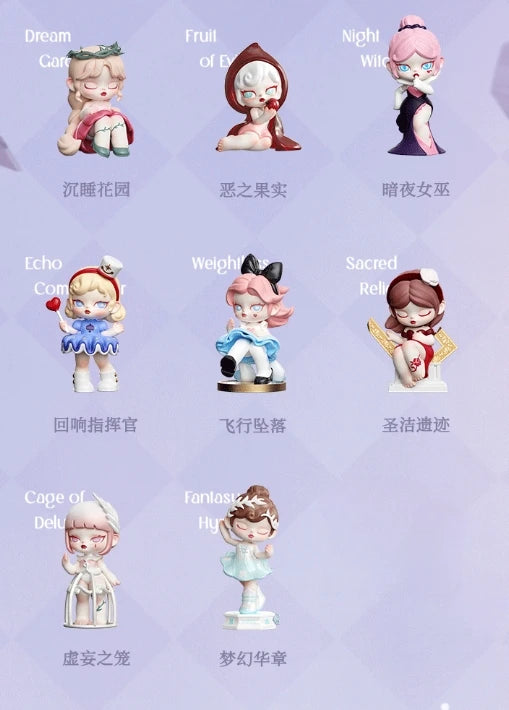 Collection of stylized figurines with various poses and outfits on a light purple background.