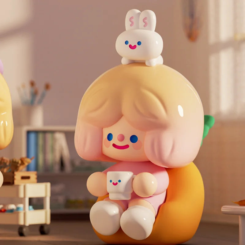 Toy figure with a bunny on its head in a room setting