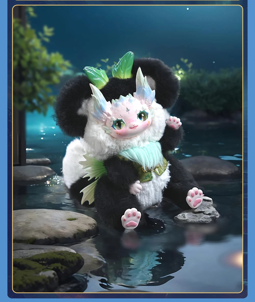 Fantasy creature with black fur, white face, and green accents standing on rocks with a blue border.