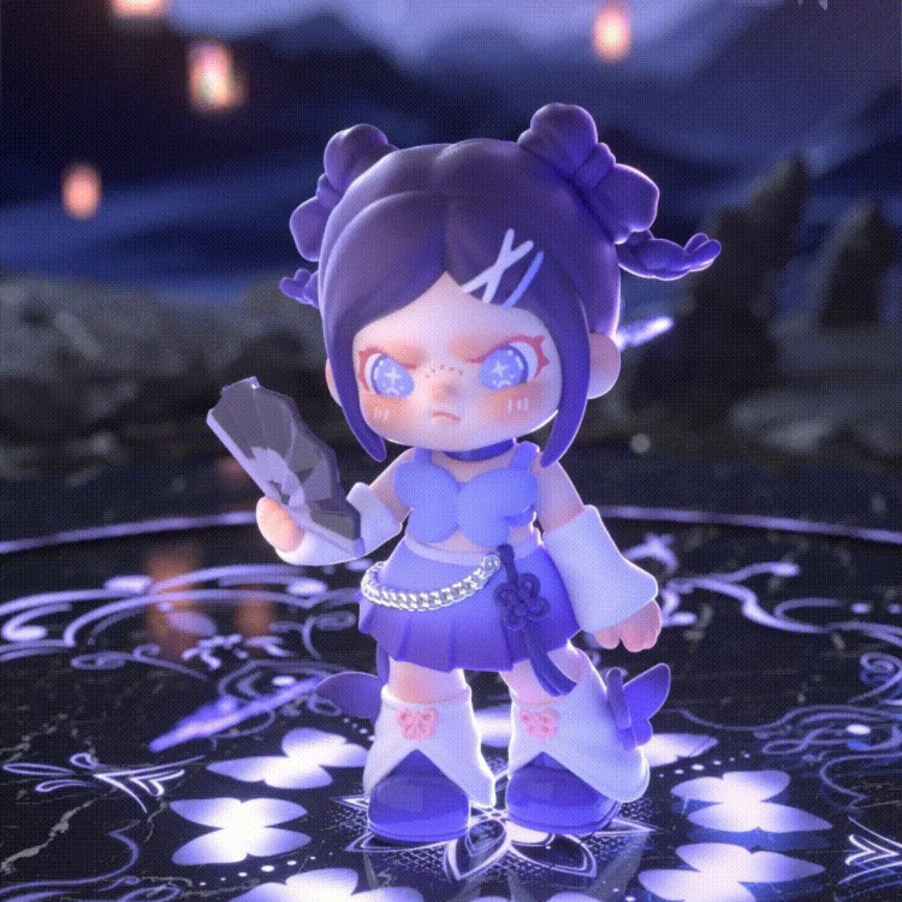 Animated character with purple hair and outfit holding a phone on a dark background