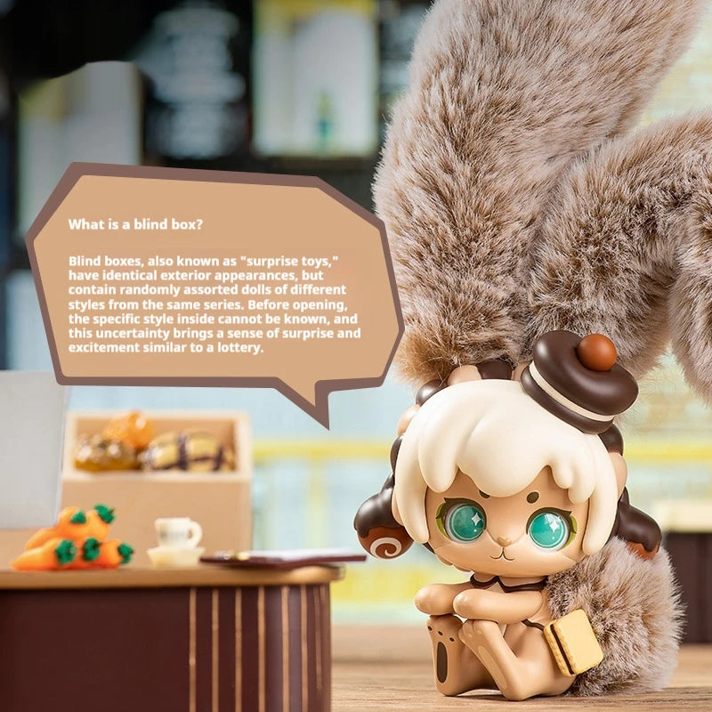 Toy figure with a speech bubble explaining blind boxes, set against a blurred indoor background.