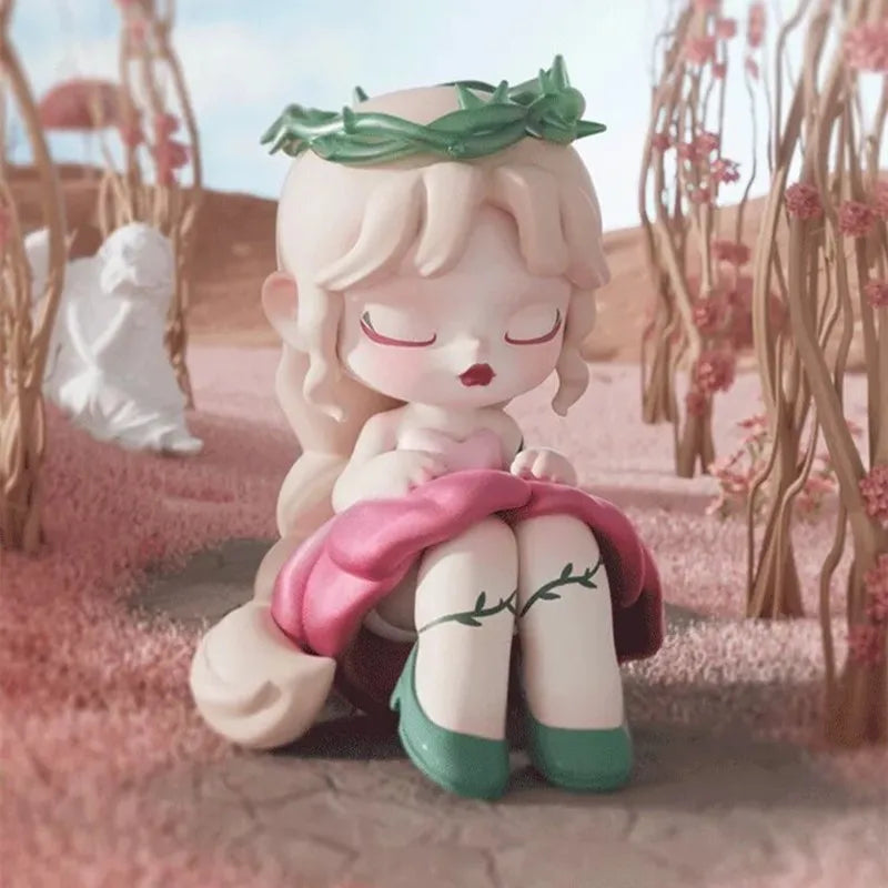Animated character with a pink dress and green accents in a fantasy setting