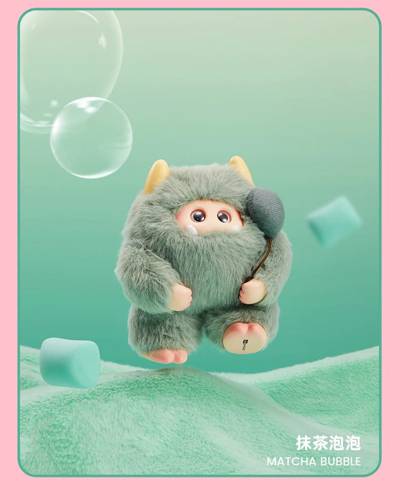 Plush toy with a green outfit and pink shoes on a gradient background with bubbles.