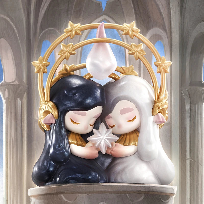 Two cartoon characters with black and white hair sitting on a throne in a cathedral setting.