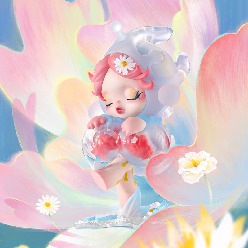 Colorful illustration of a cartoon character with flowers and abstract shapes