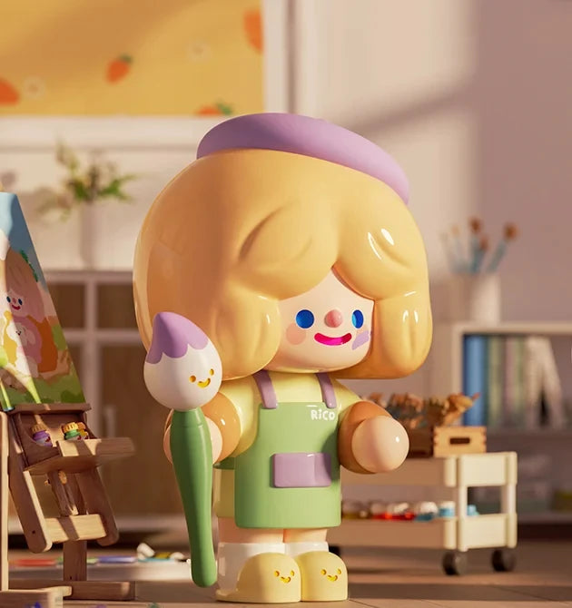 Toy figure with purple hair and green outfit in a room with toys and furniture