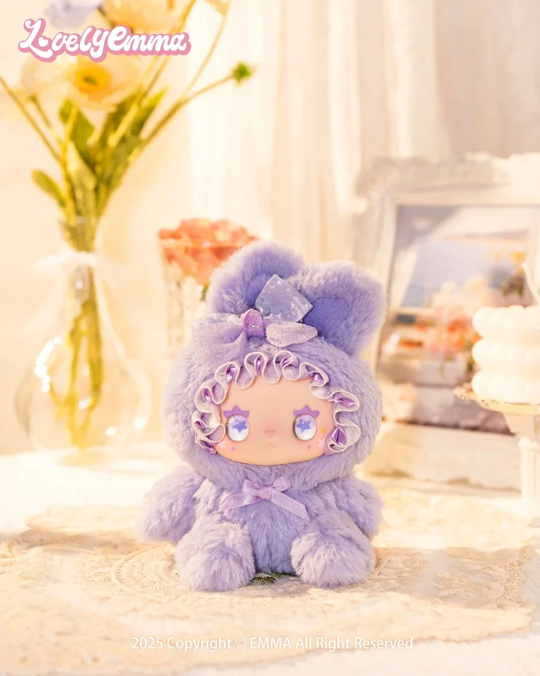 Plush toy with decorative headband on a blurred background