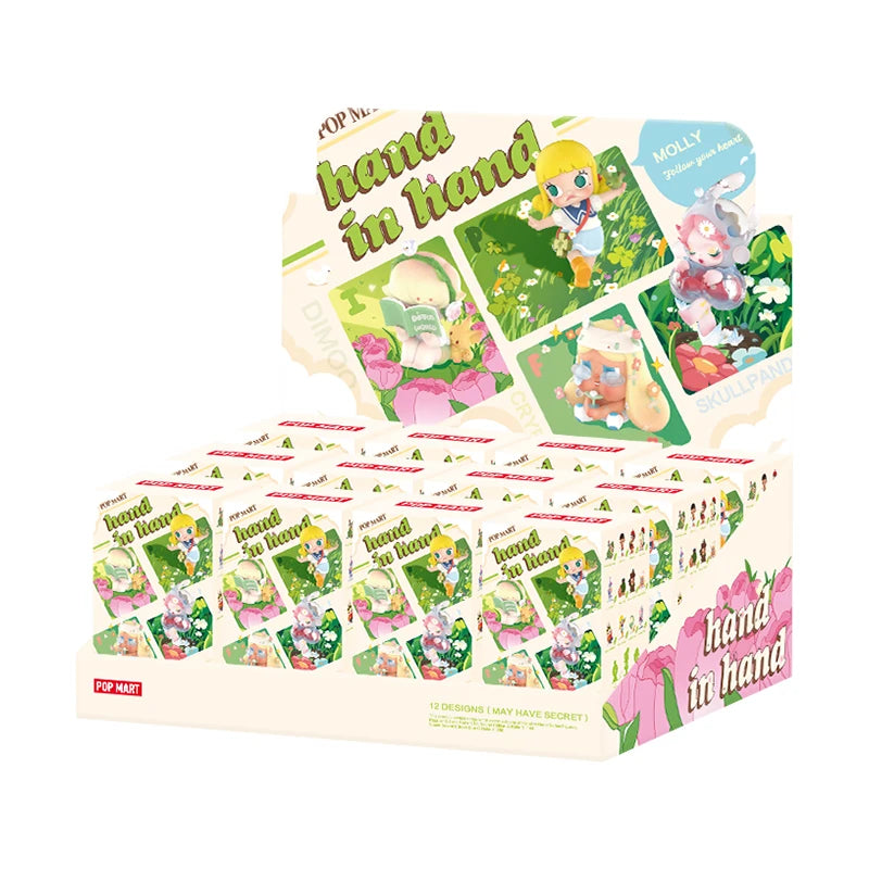 Collection of 'hand in hand' product boxes with cartoon characters on a white background