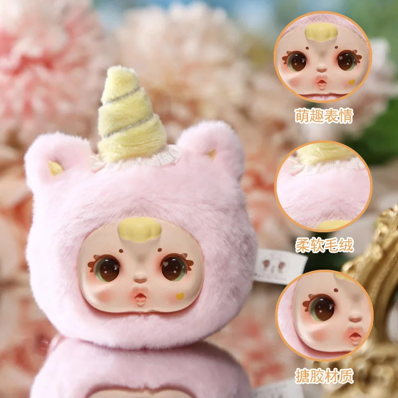Plush toy with unicorn horn and pink outfit, surrounded by close-up shots of its features.