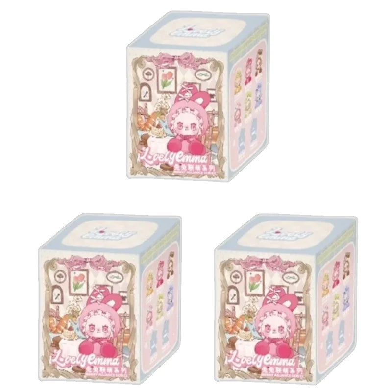 Three cartoon-themed cube boxes with a character on a white background