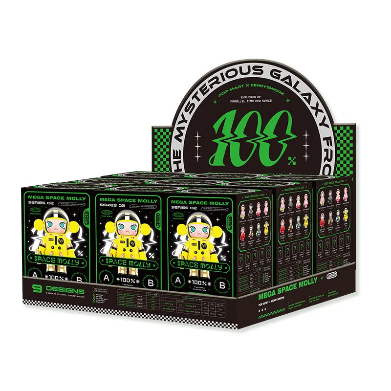 Display box of 'Mega Space Molly' with character illustrations and branding on a white background.