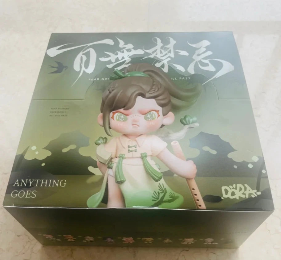 Box with a figurine and text on a light background