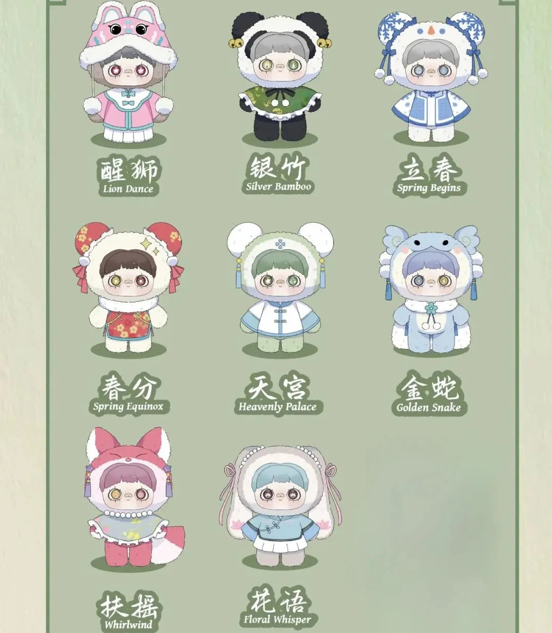 Illustrations of cartoon characters in traditional Chinese outfits with corresponding names on a green background.