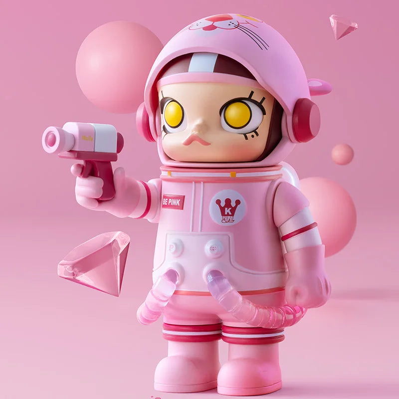 Pink astronaut toy with a weapon on a pink background